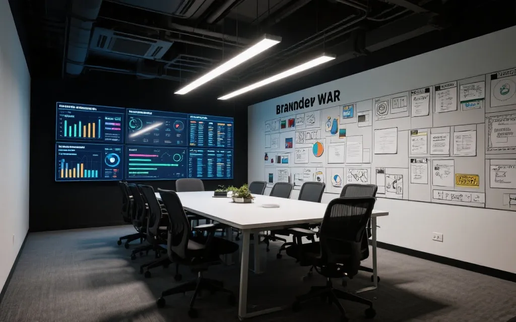 品牌团队在指挥中心协同运营，多屏数据看板与创意素材墙